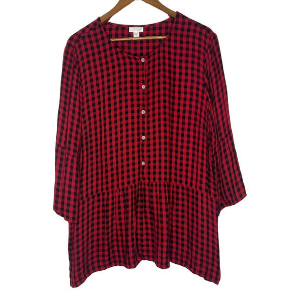 J Jill Women's XL Red Black Buffalo Plaid Button Down Peplum Blouse - Picture 1 of 10